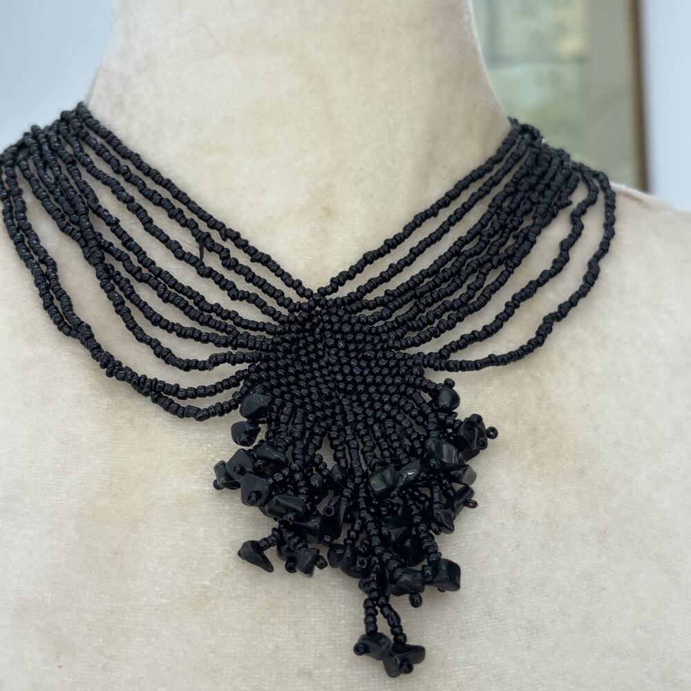 Seed Beaded Multi Strand Cluster Black Onyx Statement Collar Necklace Cosplay